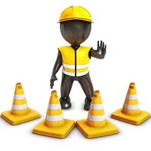 3D Render of Morph Man Builder with Caution Cones